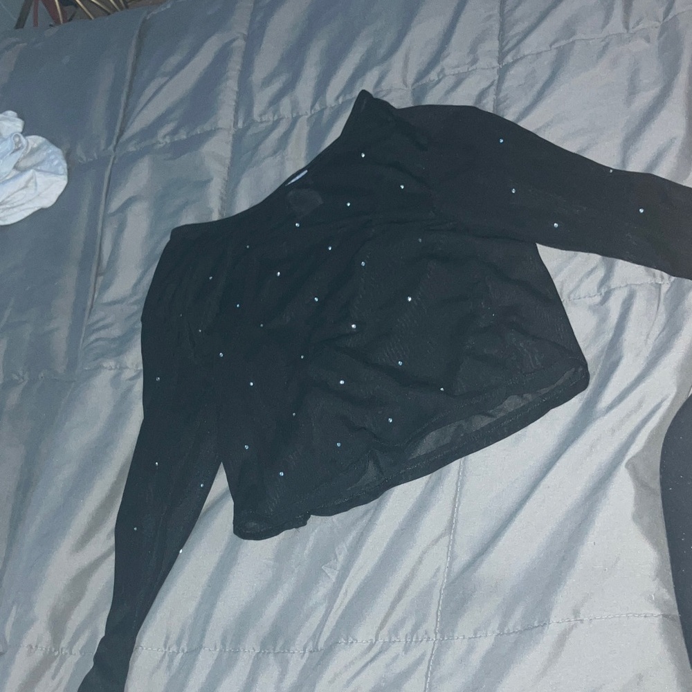 Mesh Black Sheer Long Sleeve Top with Rhinestones